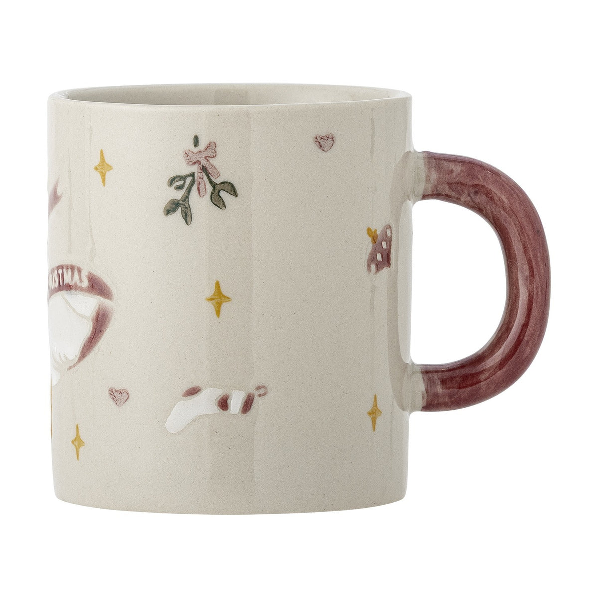 Cream stoneware Christmas mug with maroon handle, embossed with a goose in a "Merry Christmas" ribbon, mistletoe, stars, hearts and a stocking, shown on a white background.