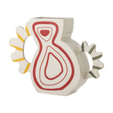 Samila Striped Stoneware Vase 26cm in white with red concentric droplet motif, flanked by scalloped ring handles in yellow and grey stripes, on a plain background.