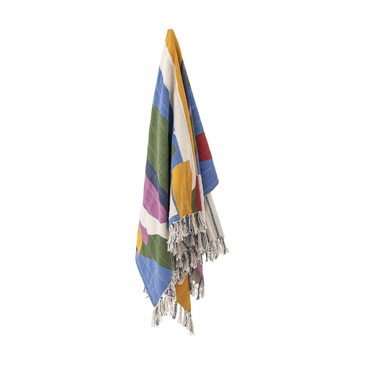 Artista Cotton Throw in Multi, a cotton blend throw with abstract multicoloured block stripes and knotted fringe tassels, shown hanging against a plain white background.