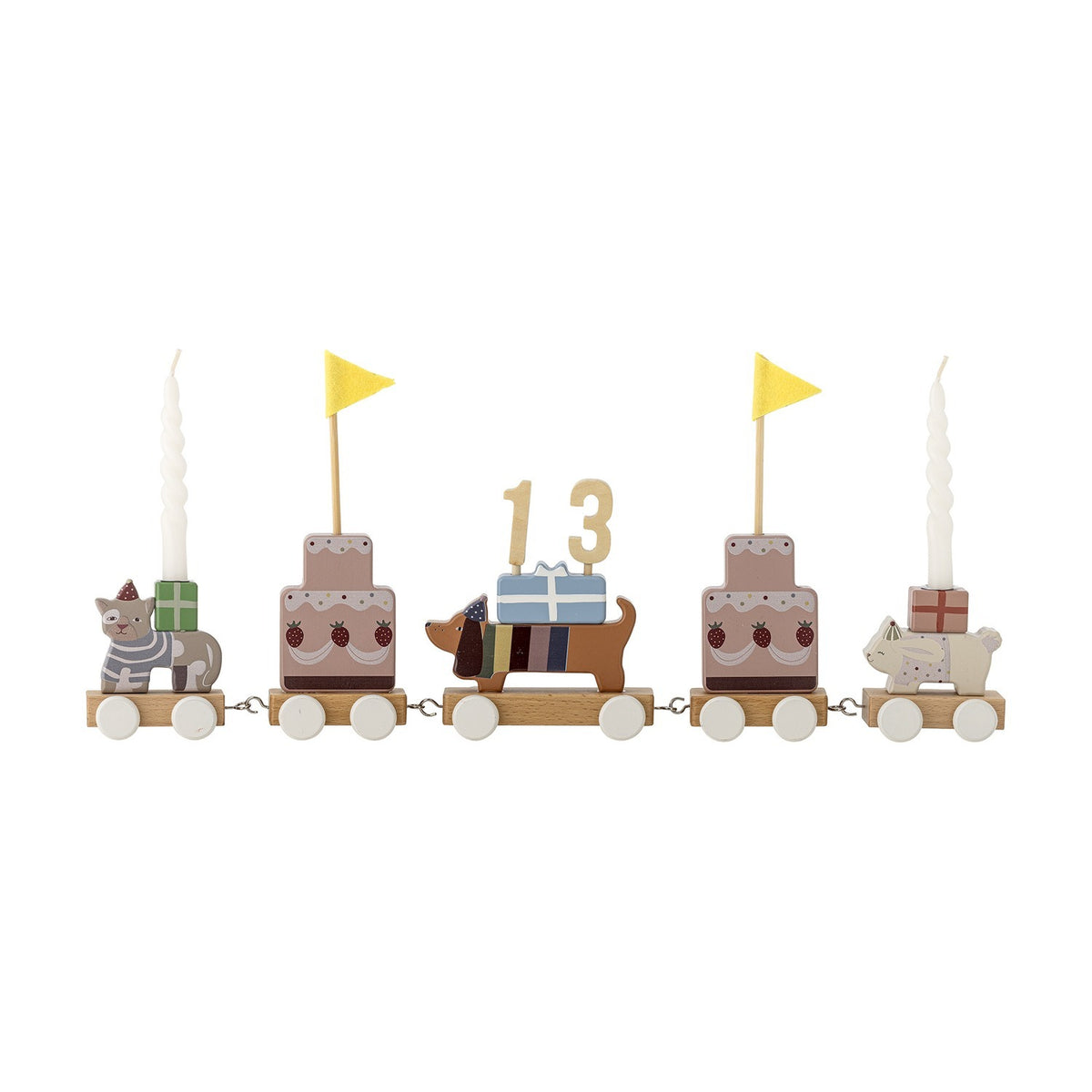 Wooden birthday train with five wagons on white wheels, featuring a cat, dachshund, tiered cakes with pennant flags, a 13 number topper, candles, and parcels in multicoloured MDF.