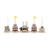 Wooden birthday train with five wagons on white wheels, featuring a cat, dachshund, tiered cakes with pennant flags, a 13 number topper, candles, and parcels in multicoloured MDF.