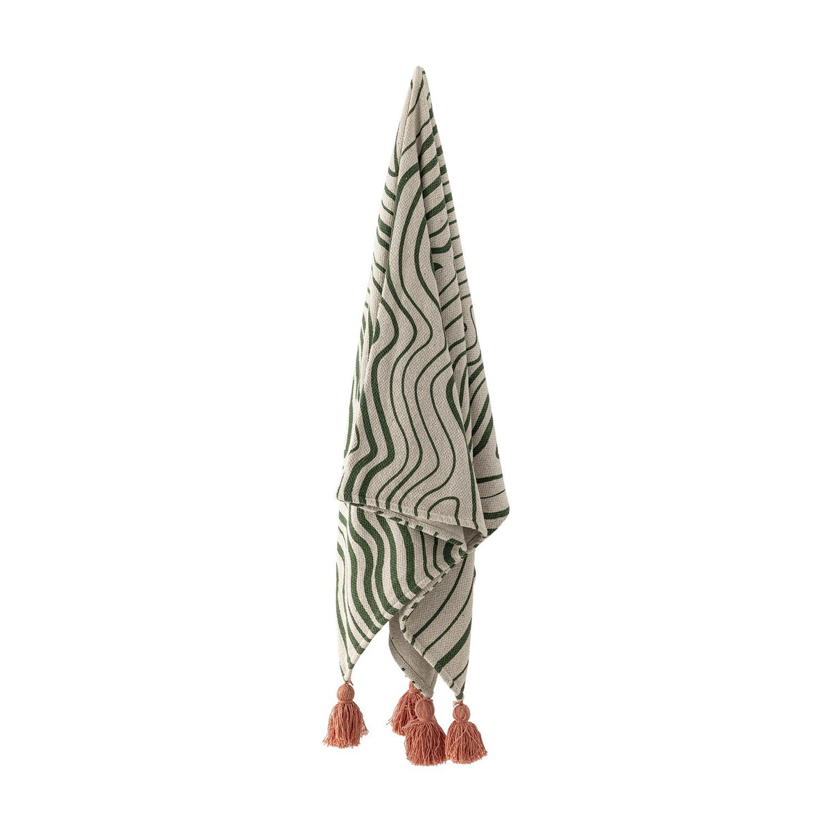 Woodsby Striped Cotton Throw hanging against a white background, showing a wavy green and cream striped pattern with pink tassels at each corner.