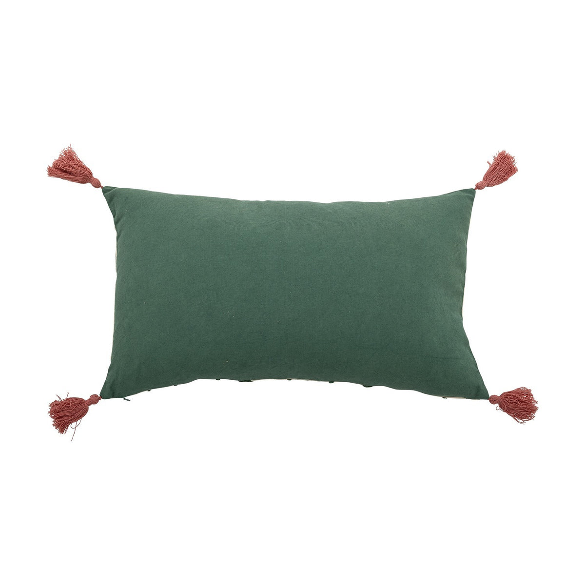 Woodsby Cotton Cushion in solid green with a rust-coloured tassel at each corner, shown reverse side on a plain white background.