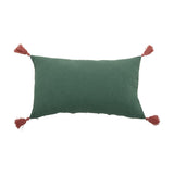 Woodsby Cotton Cushion in solid green with a rust-coloured tassel at each corner, shown reverse side on a plain white background.