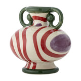 Betiva Striped Stoneware Vase 25.5cm with rounded body, footed base, and looped green handles, decorated with curved red stripes and a purple spot, shown on a white background.