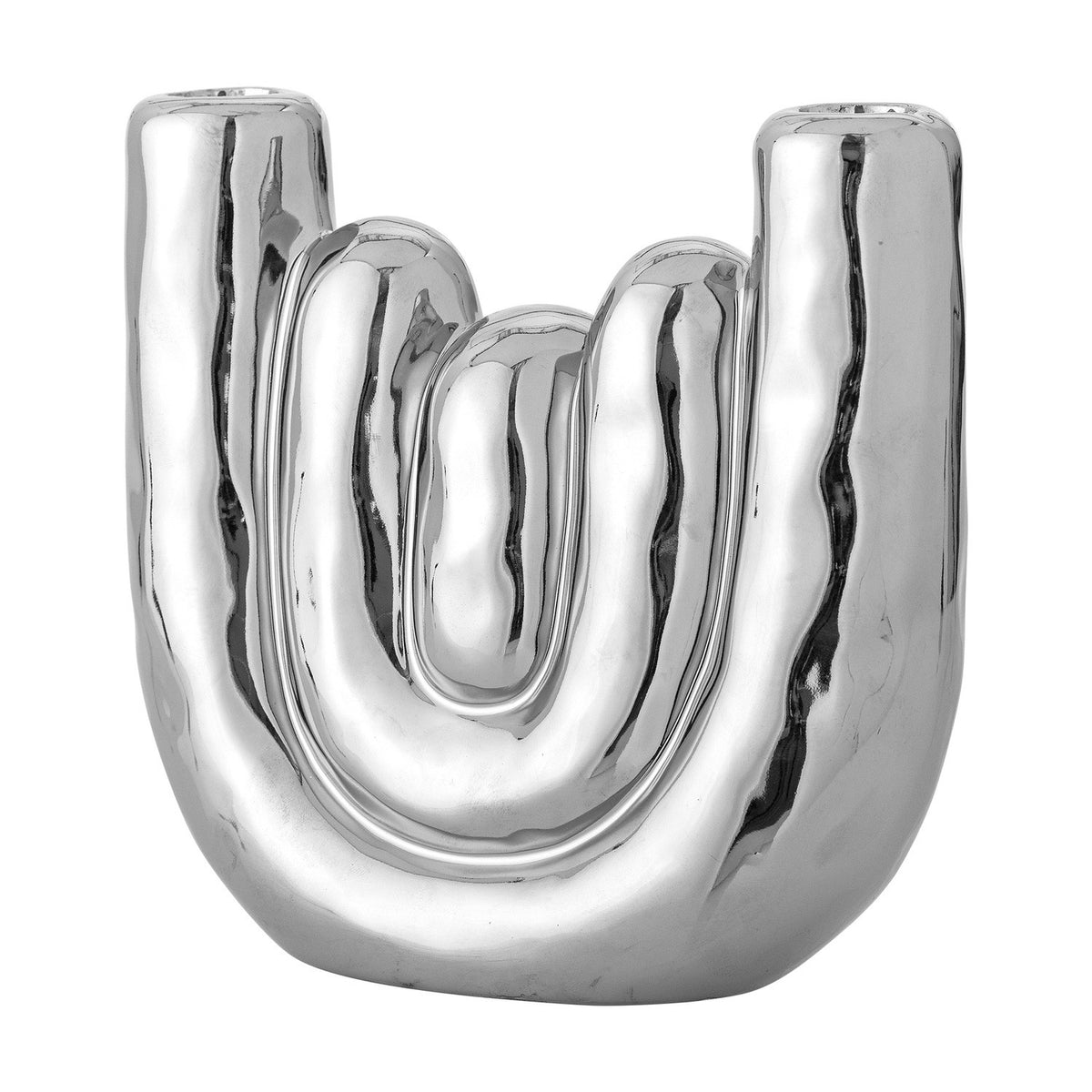 Shine Stoneware Candle Holder in silver, a mirror-finish U-shaped sculpture with three nested rippled bands rising into two candle openings, shown on a plain white background.
