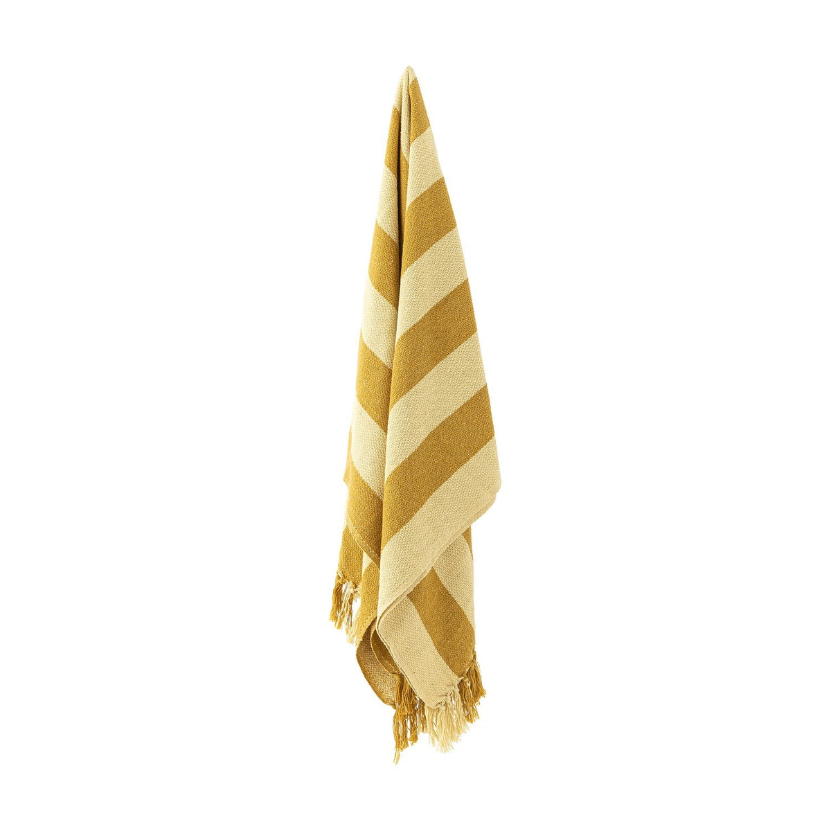 Frello Striped Cotton Throw in yellow, woven with alternating deep and pale yellow stripes, fringed edges, hanging against a plain white background.