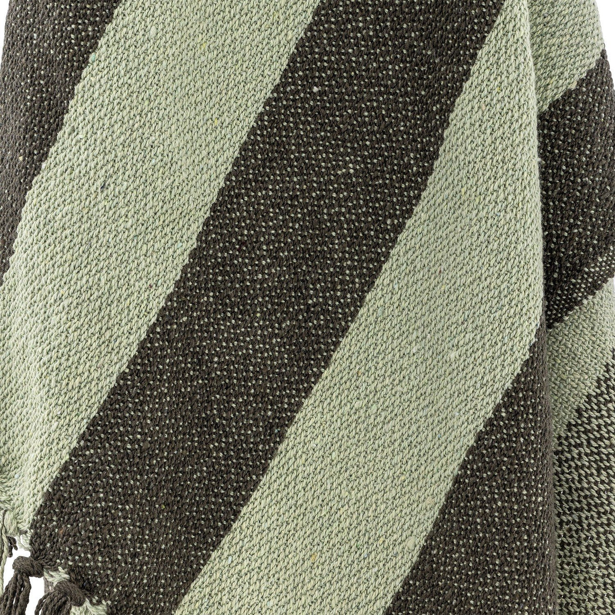Close-up of the Frello Striped Cotton Throw in green, showing a diagonal woven pattern in pale and deep green with knotted tassel fringe.
