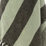 Close-up of the Frello Striped Cotton Throw in green, showing a diagonal woven pattern in pale and deep green with knotted tassel fringe.