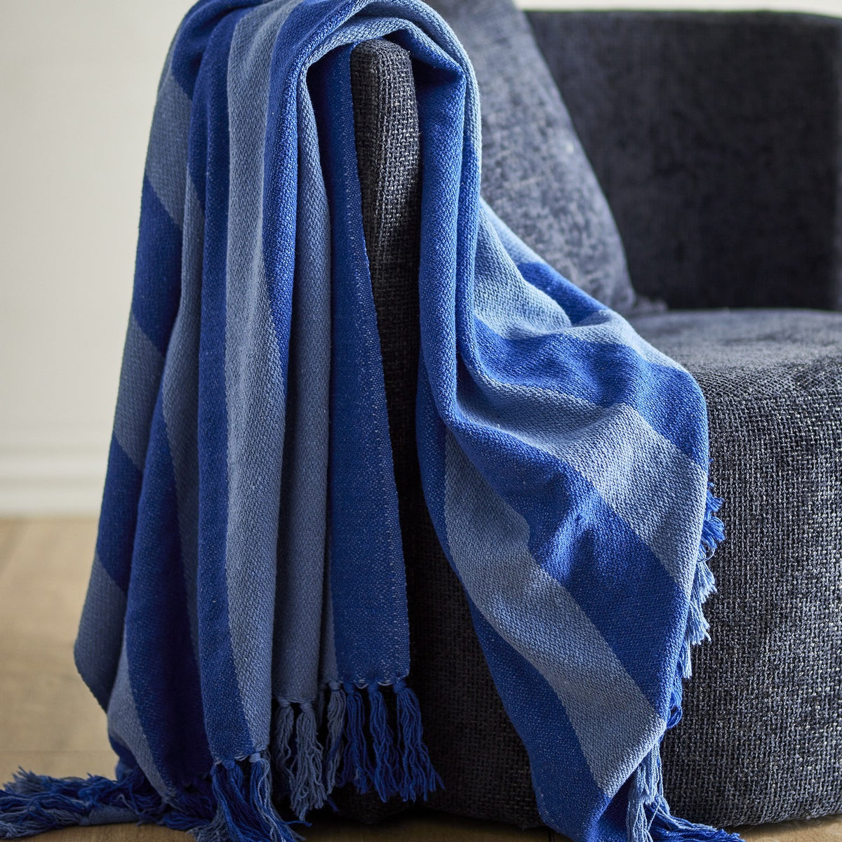 Frello Striped Cotton Throw - Blue