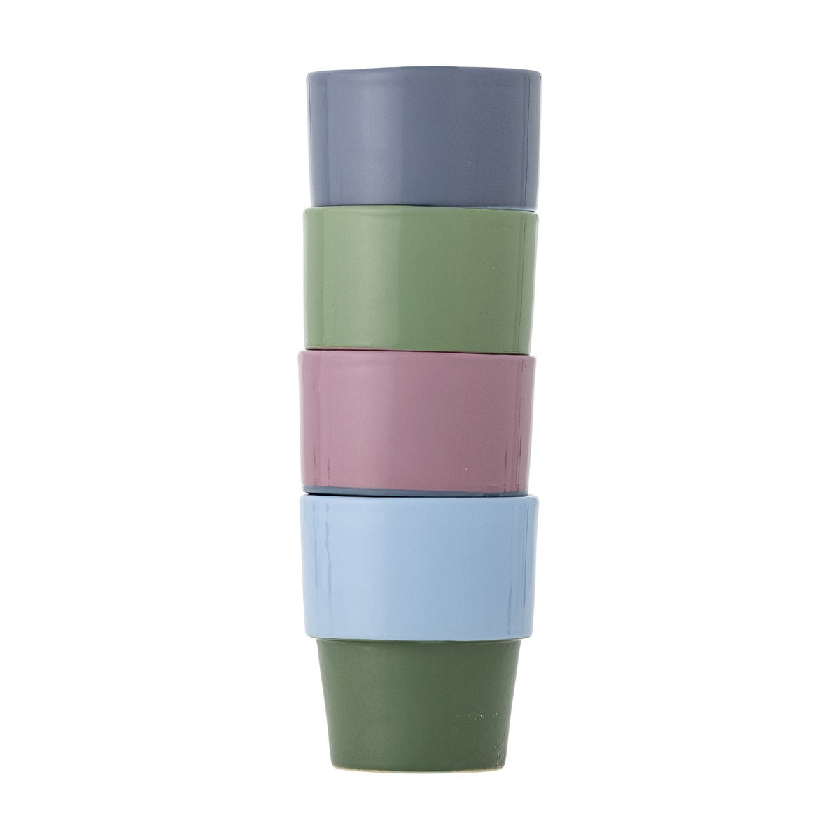 Ewan Blue Stoneware Cups stacked five high in grey, green, pink, light blue, and dark green glazed tones, each with a narrower base band, on a plain white background.
