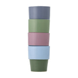 Ewan Blue Stoneware Cups stacked five high in grey, green, pink, light blue, and dark green glazed tones, each with a narrower base band, on a plain white background.