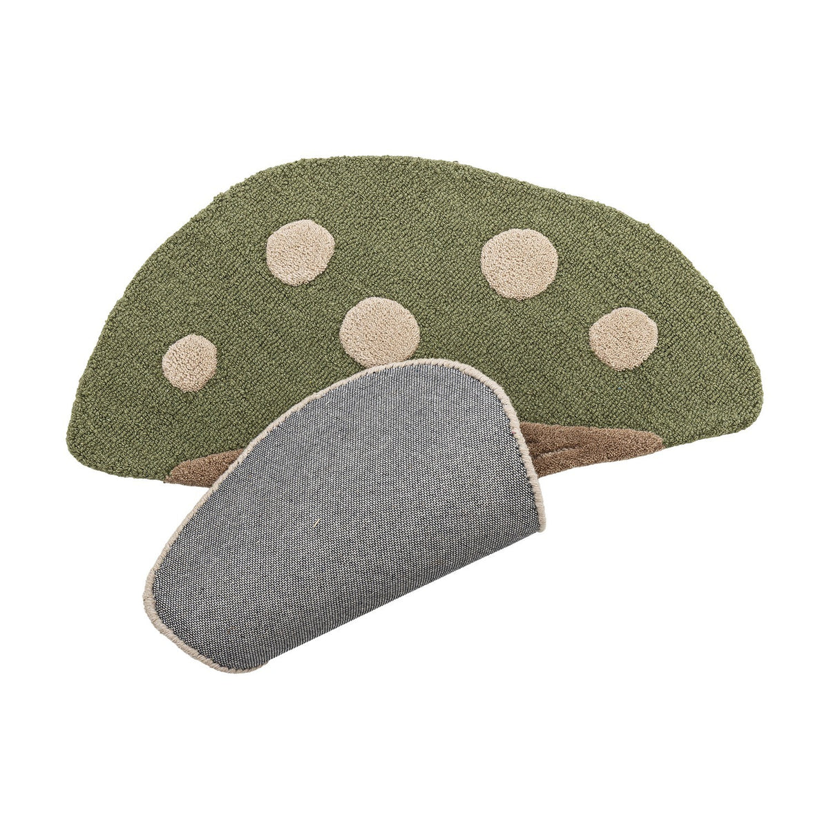 Mushroom Wool Rug 90x85cm in green, tufted with raised beige spots on the cap and a grey stem underside, shown on a plain white background.