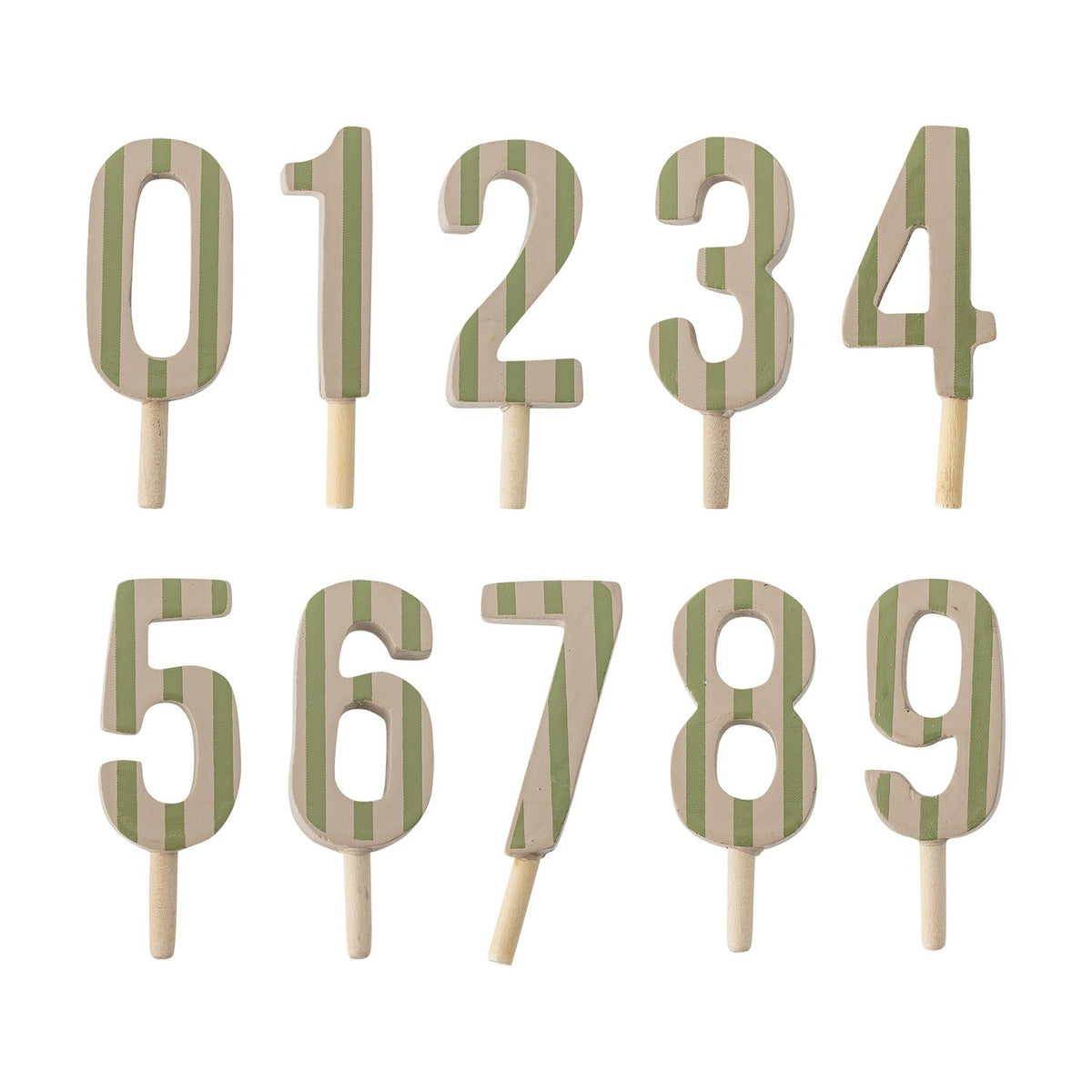 Junaid Birthday Decoration number cake toppers 0-9, wooden striped digits in green and cream on wood sticks, arranged on a plain white background.