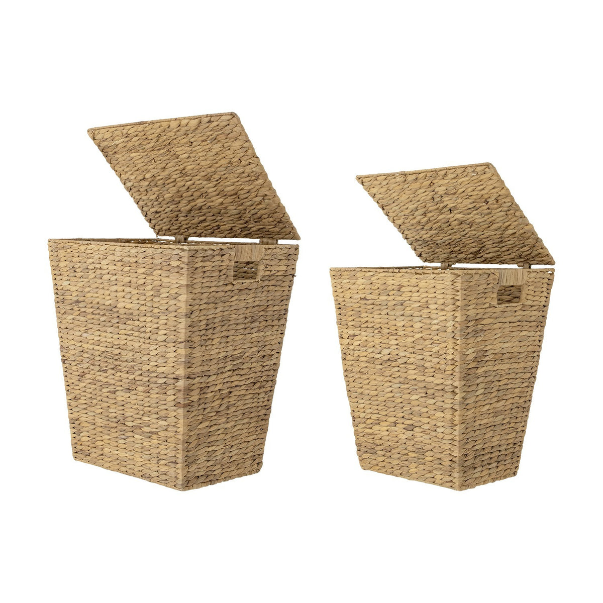 Mios Water Hyacinth Laundry Baskets Set of 2 in natural, tapered woven baskets with hinged lids open and rectangular cut-out handles, shown on a plain white background.