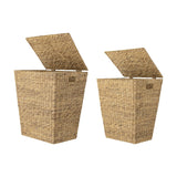 Mios Water Hyacinth Laundry Baskets Set of 2 in natural, tapered woven baskets with hinged lids open and rectangular cut-out handles, shown on a plain white background.