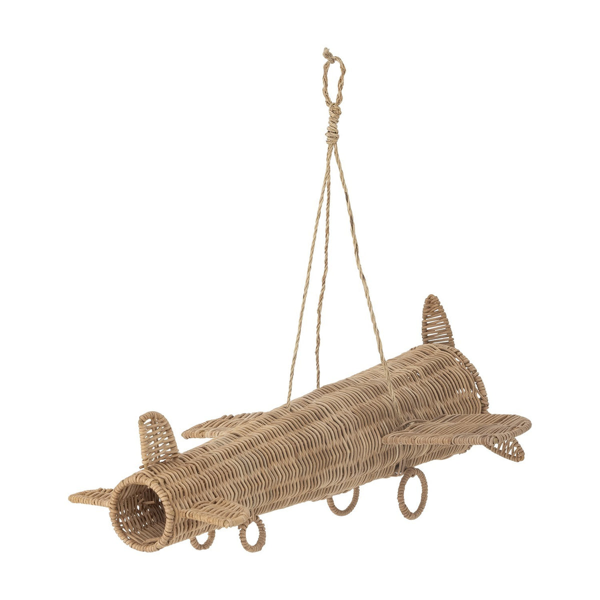 Balazar Rattan Baby Mobile in natural finish, a woven aeroplane shape with tapered body, flat wings, tail fin, nose propeller and small hoop wheels, hung on twine against a white background.