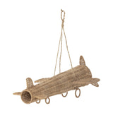 Balazar Rattan Baby Mobile in natural finish, a woven aeroplane shape with tapered body, flat wings, tail fin, nose propeller and small hoop wheels, hung on twine against a white background.