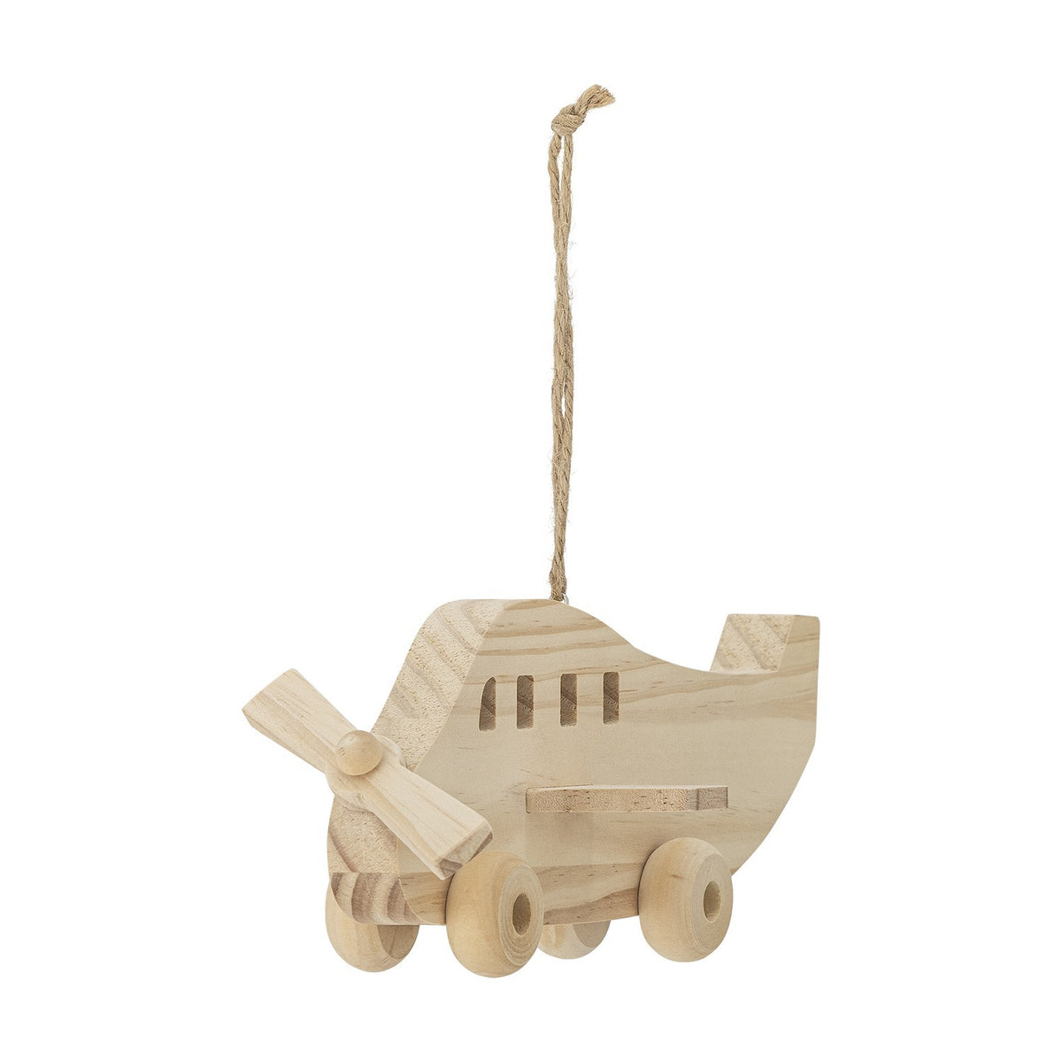 Natural finish wooden plane baby mobile shaped like a propeller aeroplane with rounded nose, tail fin, window cut-outs, wheels and hemp cord hanging loop.