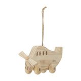 Natural finish wooden plane baby mobile shaped like a propeller aeroplane with rounded nose, tail fin, window cut-outs, wheels and hemp cord hanging loop.