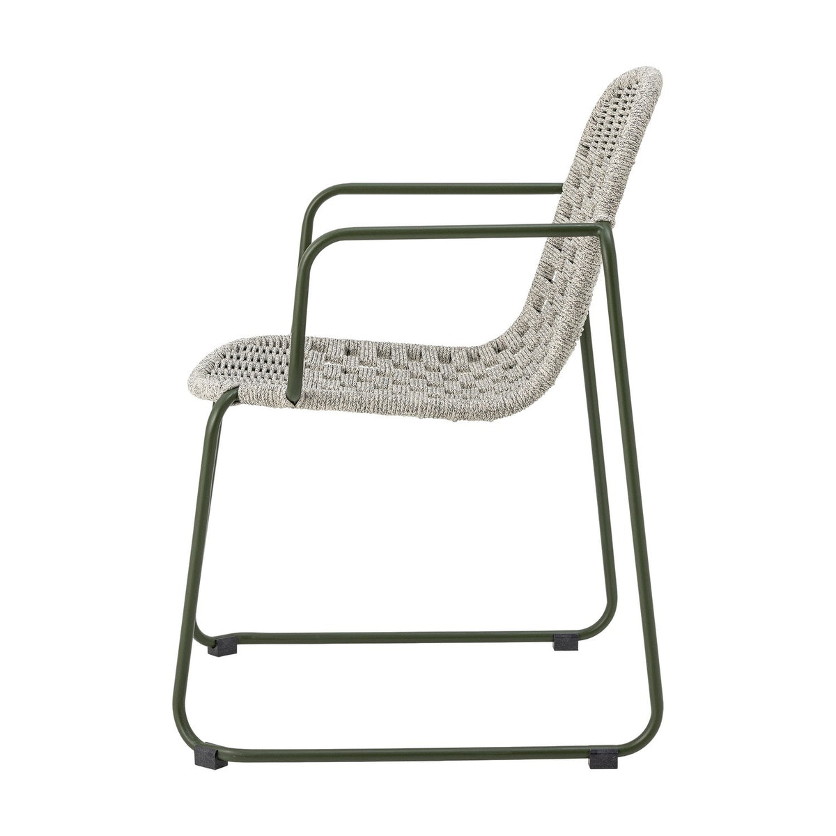 Side view of the Calana Iron Garden Chair in grey, showing its green powder-coated iron frame and woven basketweave seat and back, set against a plain white background.