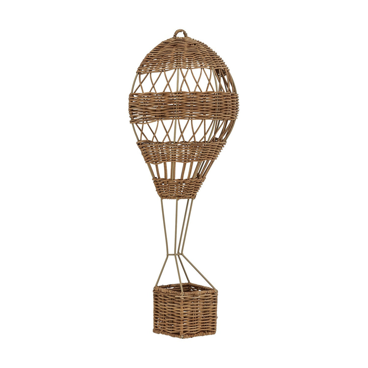 Huggi Rattan Wall Basket in Natural, a hot air balloon-shaped kids' storage piece with a woven rattan balloon on a slim iron frame and a small basket below, shown on a plain white background.