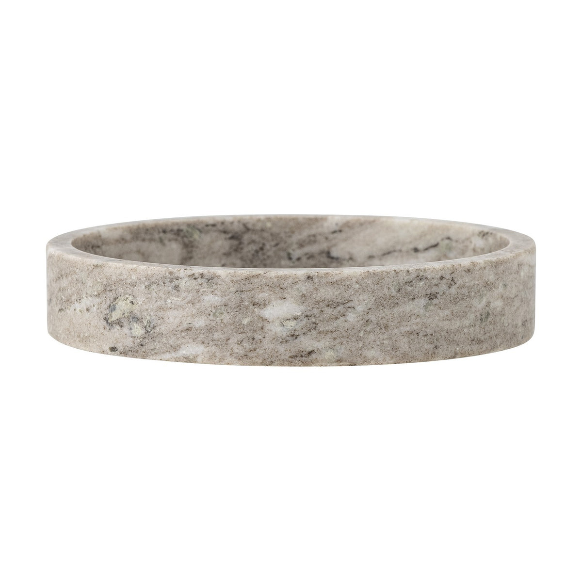 Ivette Round Marble Tray in grey, a shallow round dish with a straight upright rim and natural stone veining, shown on a plain white background.