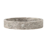 Ivette Round Marble Tray in grey, a shallow round dish with a straight upright rim and natural stone veining, shown on a plain white background.