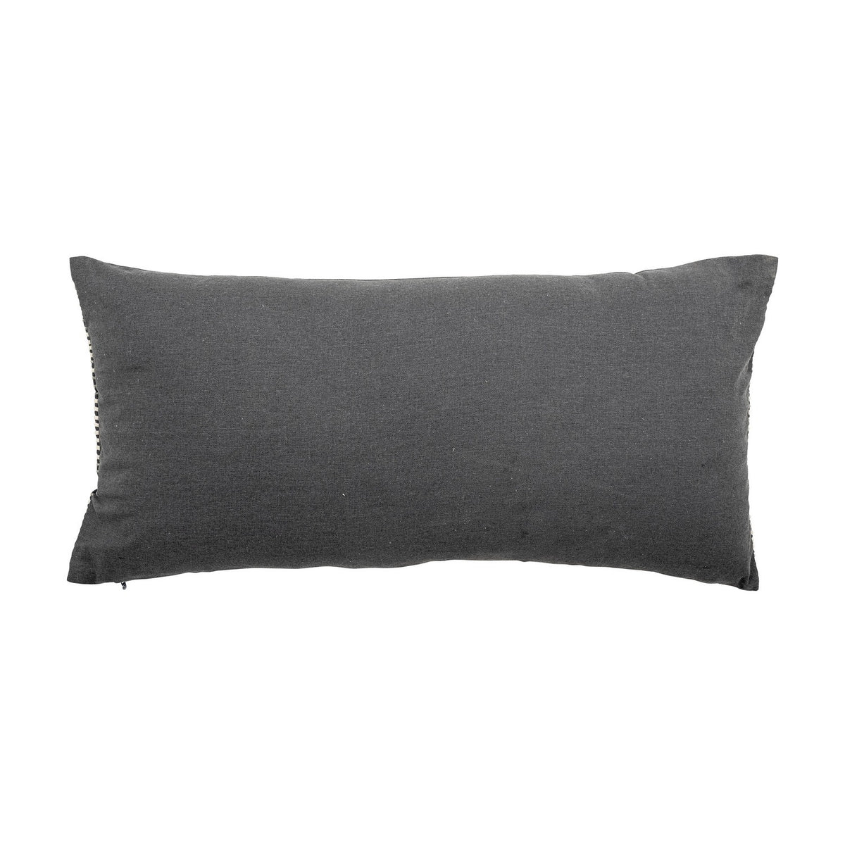 Brechia Striped Cotton Cushion in grey, shown plain side up, a long rectangular cushion in woven cotton with solid grey fabric, photographed on a white background.