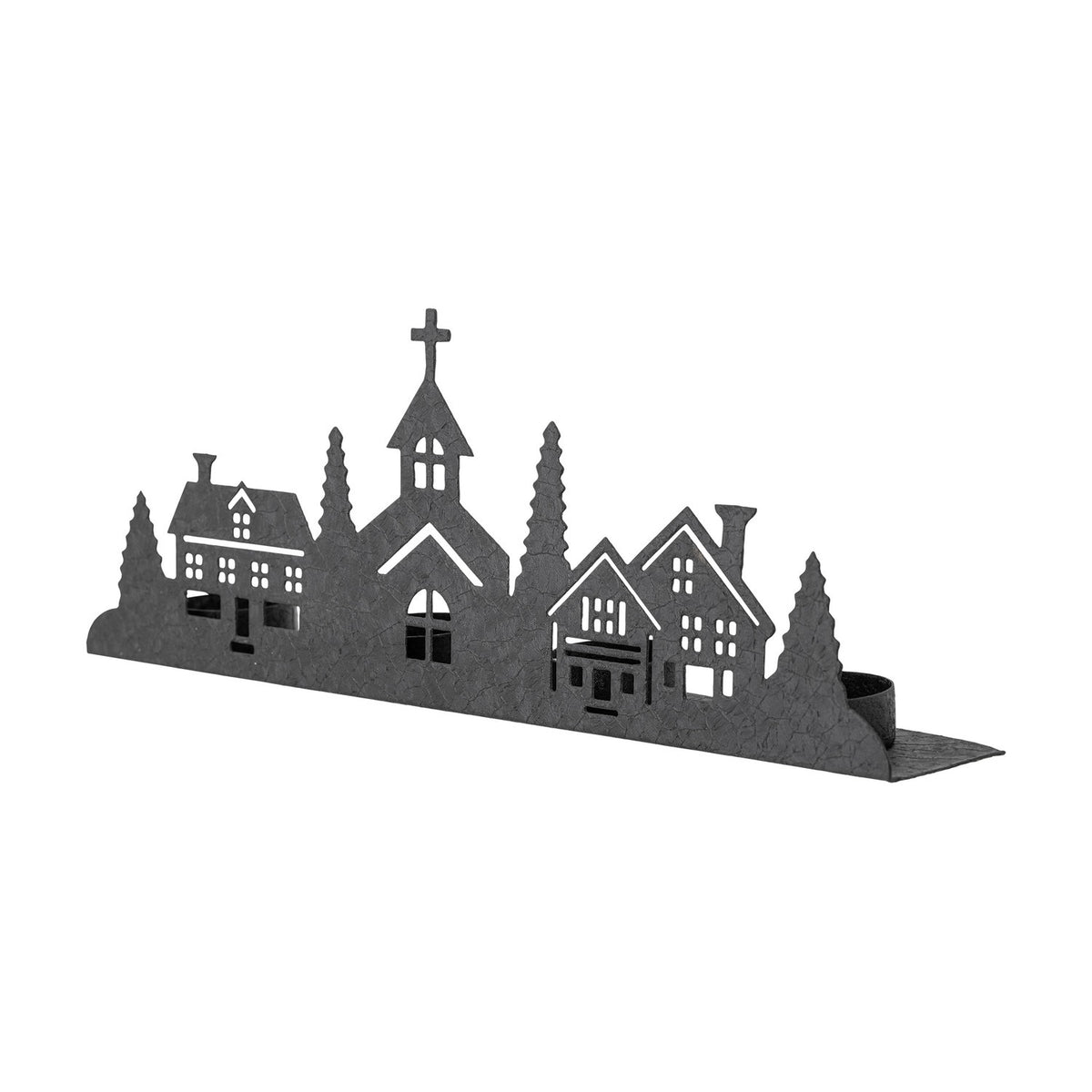 Cielo Iron Christmas Tealight Holder in black, a long strip silhouette of a village with houses, fir trees and a church with a cross, tealight cups along the base, on a white background.