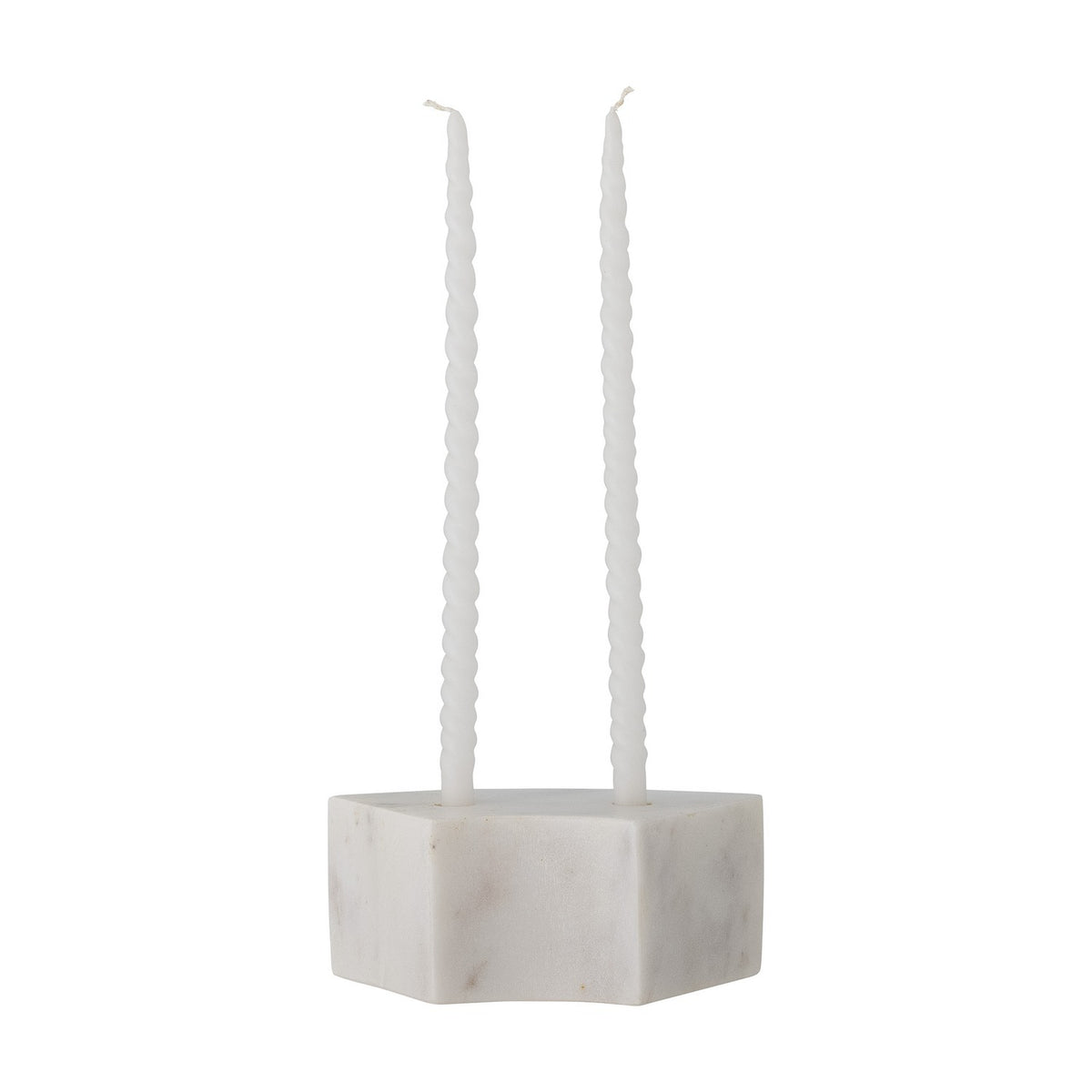 Florida Marble Candle Holder in white, a low curved block holding two tall ribbed taper candles, shown on a plain white background.
