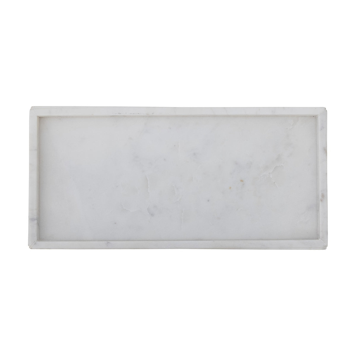 Majsa Marble Tray 38x18cm in White, a rectangular tray with a raised rim and soft grey veining, shown on a plain white background.