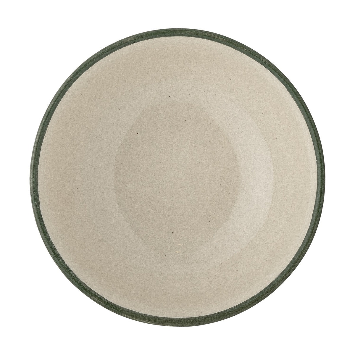Karlie Stoneware Bowl 15cm in Green, viewed from above showing a plain glazed cream interior and a green-edged rim, set against a white background.
