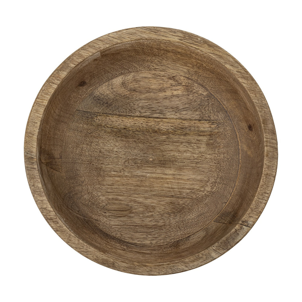 Nanuka Round Wooden Pedestal Bowl 20.5cm in Brown, shown from above on a plain white background, with a wide open mango wood interior showing swirled grain patterns and a smooth rounded rim.