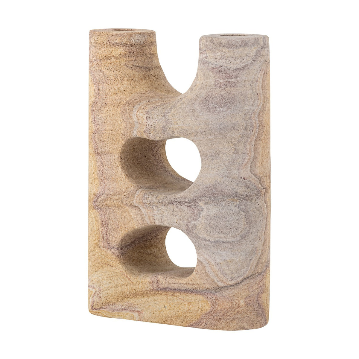 Lodi Marbled Sandstone Candle Holder in beige, a two-armed block form with a rounded notch and two pebble-like cut-through openings, shown on a plain white background.