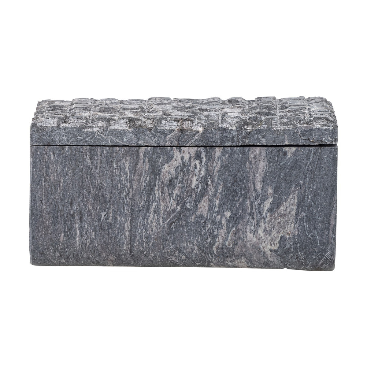 Nubia Soapstone Storage Box with Lid in Grey, rectangular form with veined stone sides and a textured grid-pattern lid, shown on a plain white background.