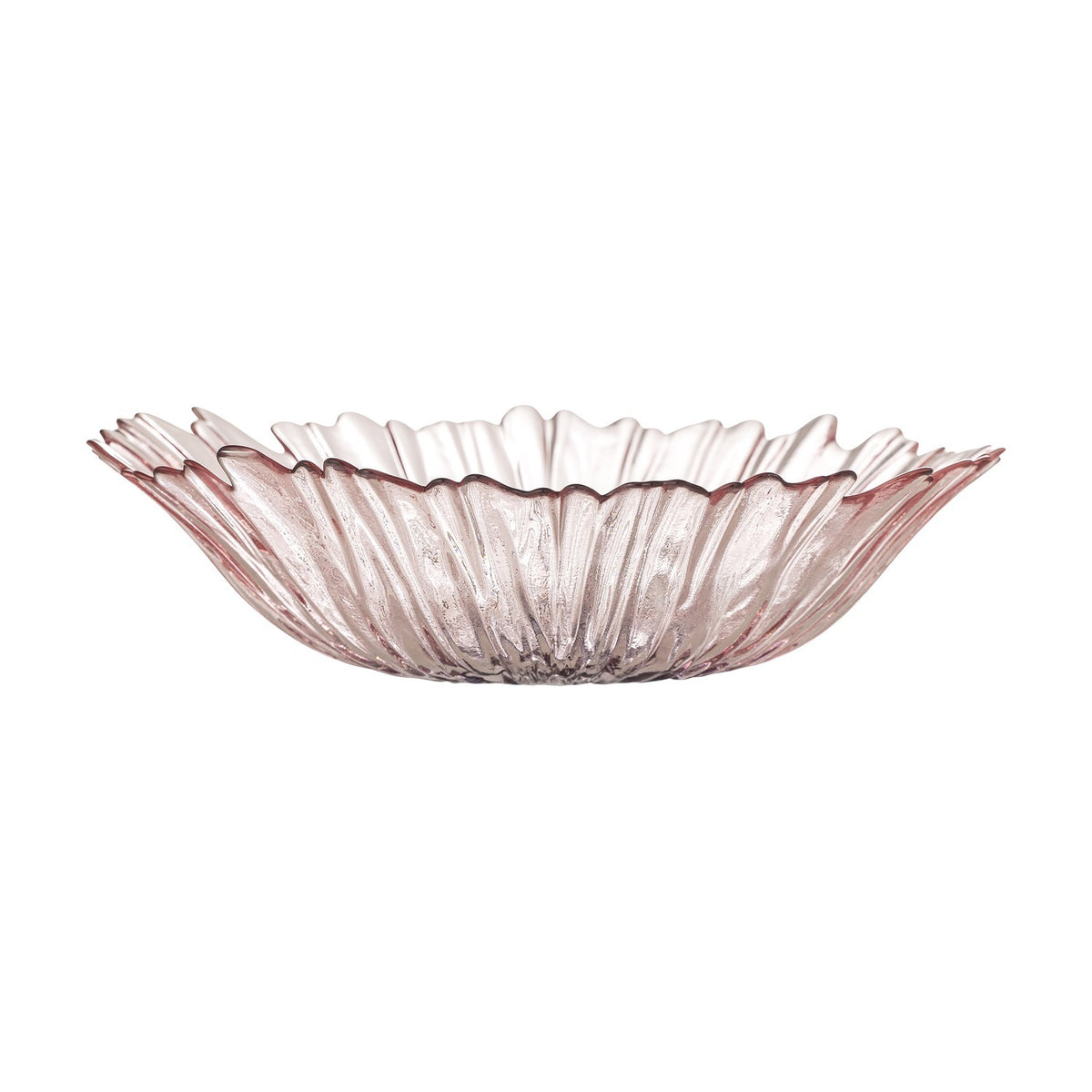 Mariko Flower Glass Bowl 31cm in pink, a wide textured glass dish with ribbed petal-like grooves and a ruffled wavy rim, shown on a plain white background.