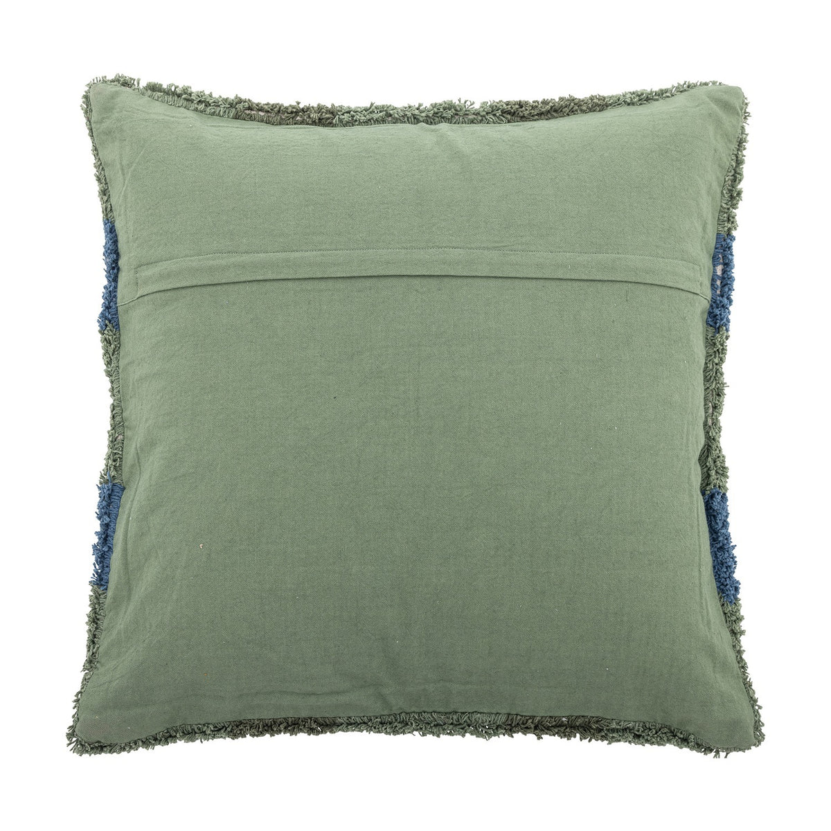 Pil Cotton Cushion in green, square cotton cushion shown from the back with a concealed fabric opening and fringed edge trim, photographed on a white background.
