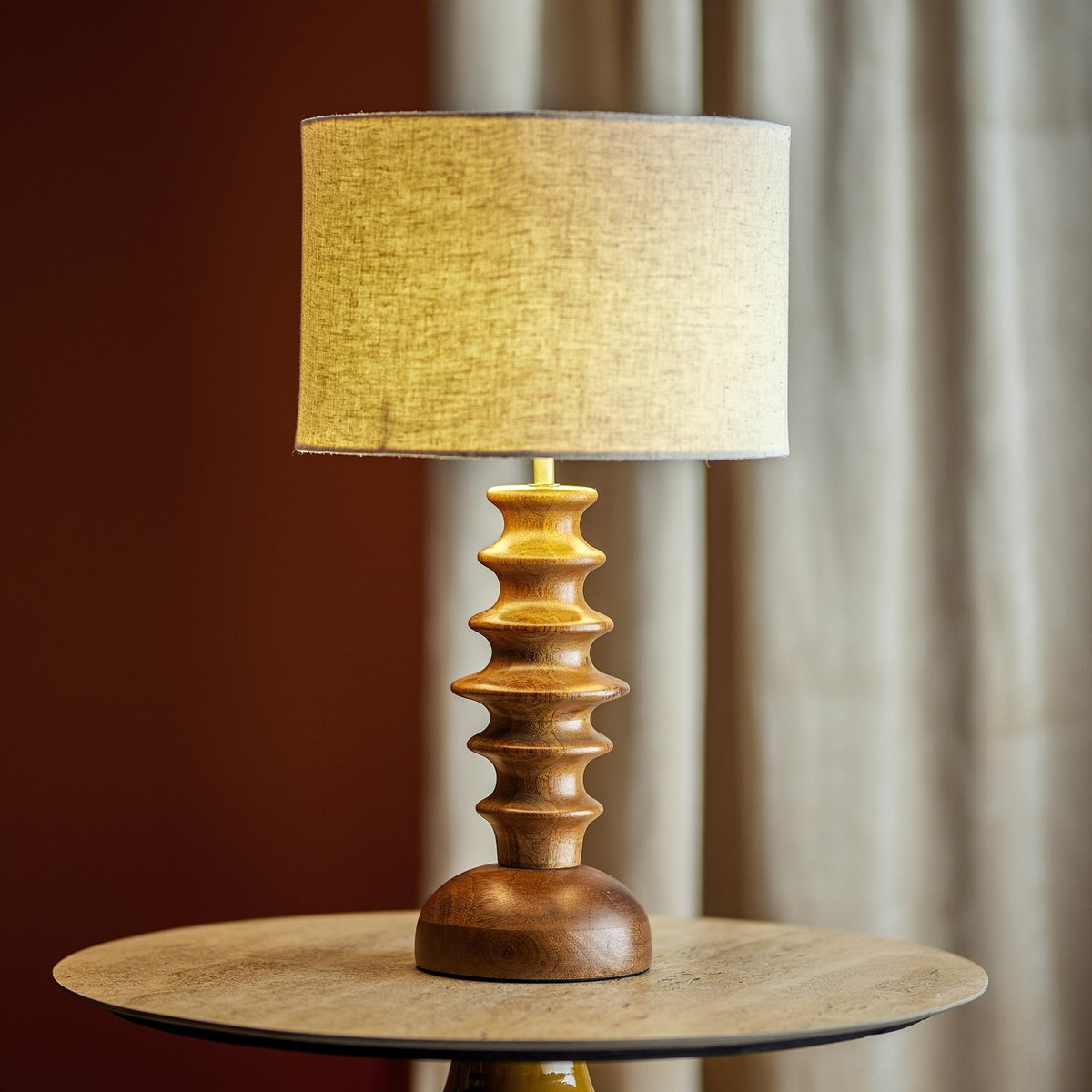 Elinora Wooden Table Lamp with Linen Shade - Brown