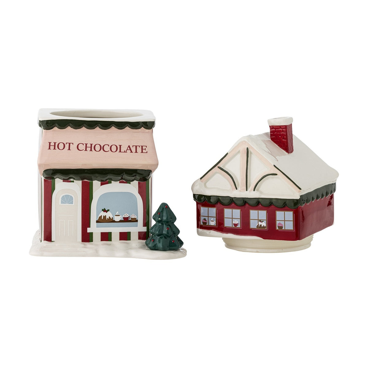 Gloria Ceramic Christmas Storage Jar 2500ml in red, shaped as a "Hot Chocolate" shop with a snow-topped lift-off roof lid, shown beside a matching house-shaped jar on a white background.