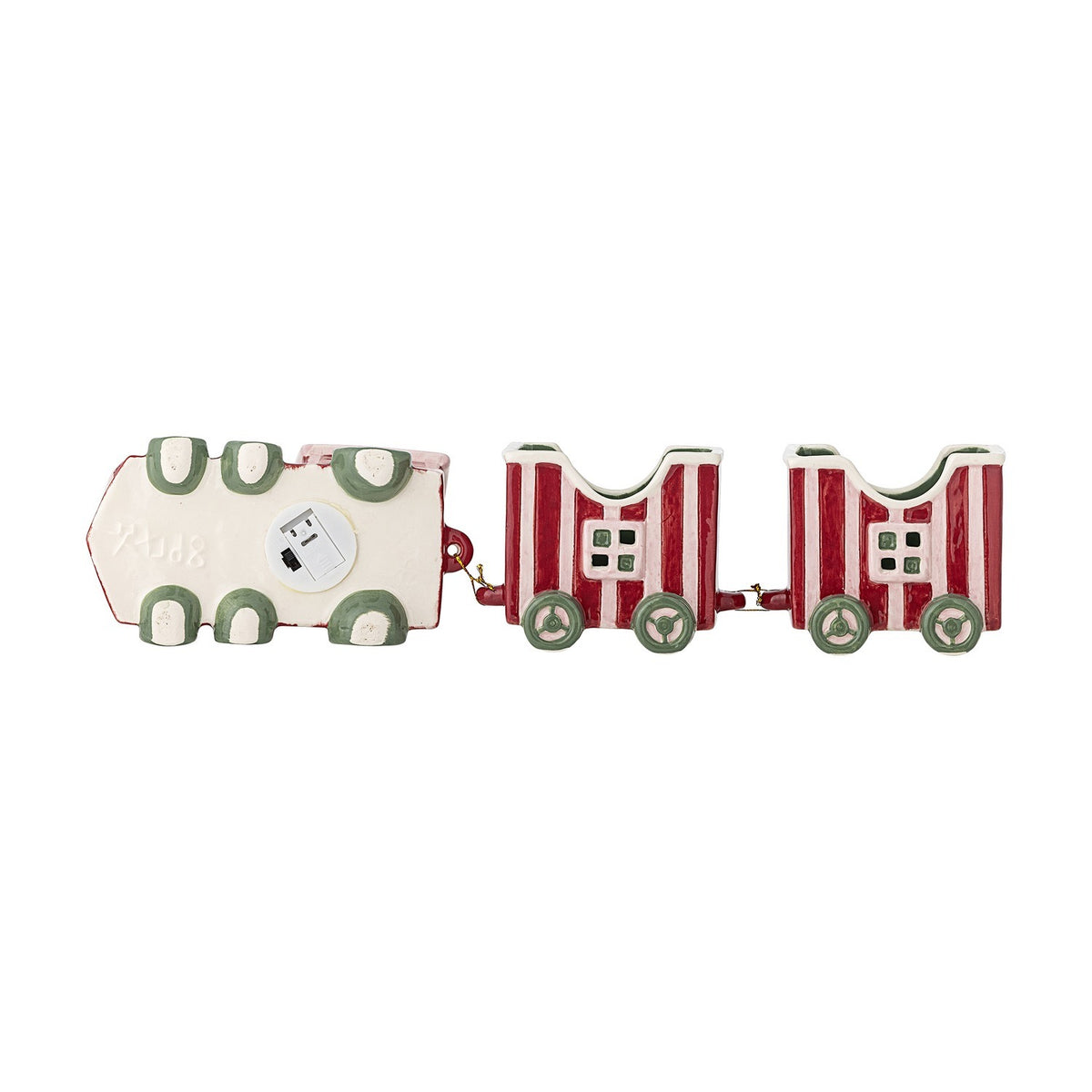 Gloria Striped Ceramic Christmas Decoration in red and white, a toy train ornament with locomotive and two wagons, green wheels and trim, on a white background.
