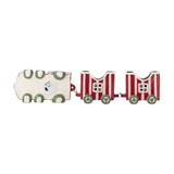 Gloria Striped Ceramic Christmas Decoration in red and white, a toy train ornament with locomotive and two wagons, green wheels and trim, on a white background.