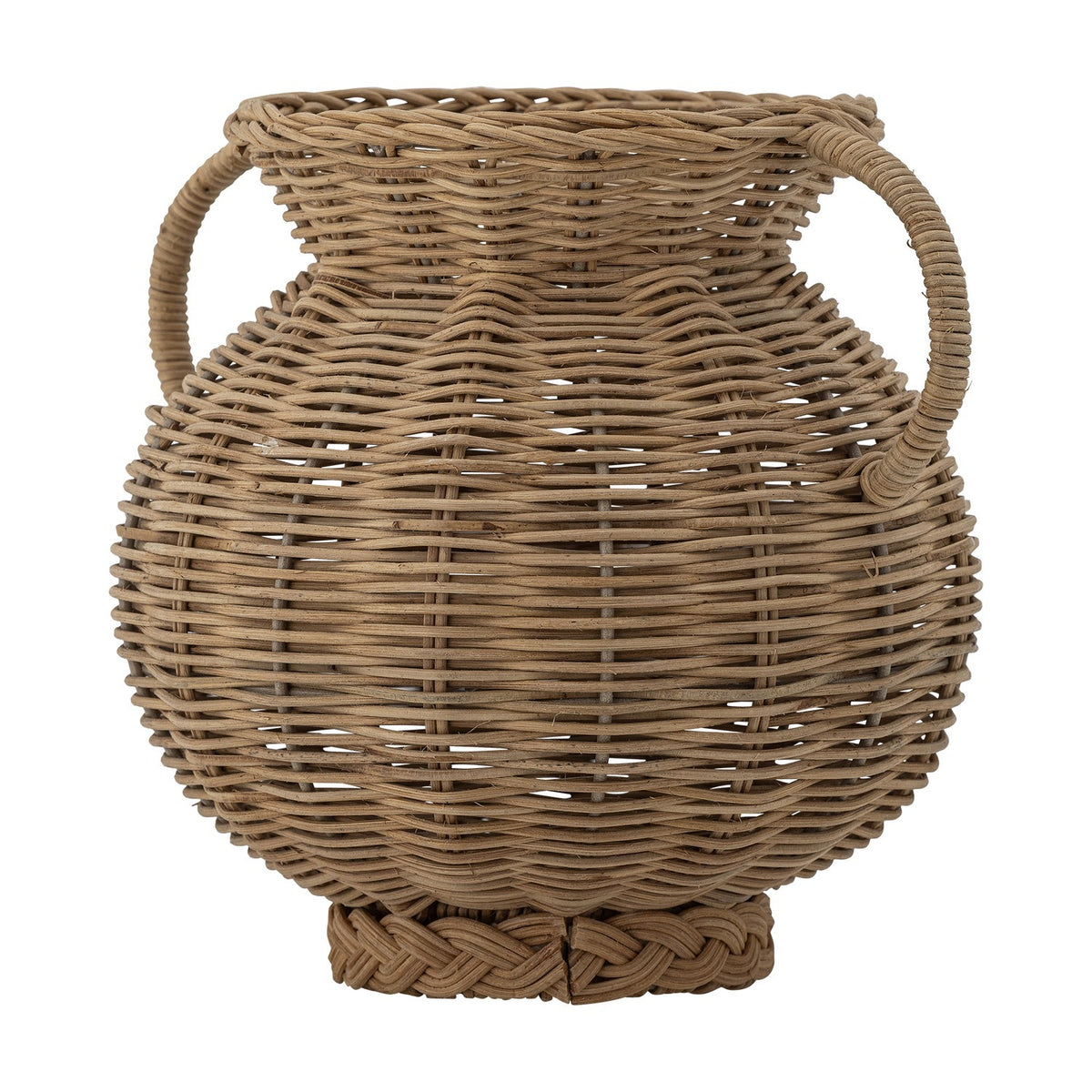 Two-handled rattan vase in brown with a round woven body, flared rim, and curved looped handles, shown on a plain white background.