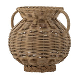 Two-handled rattan vase in brown with a round woven body, flared rim, and curved looped handles, shown on a plain white background.