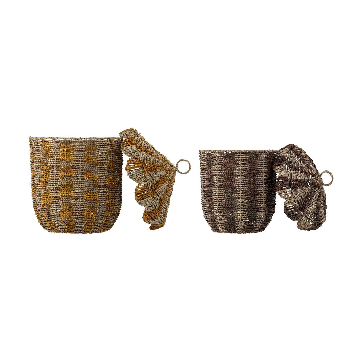 Set of two Cikkeline striped seagrass storage baskets with scalloped, pointed lids in mustard and grey tones, shown against a plain white background.