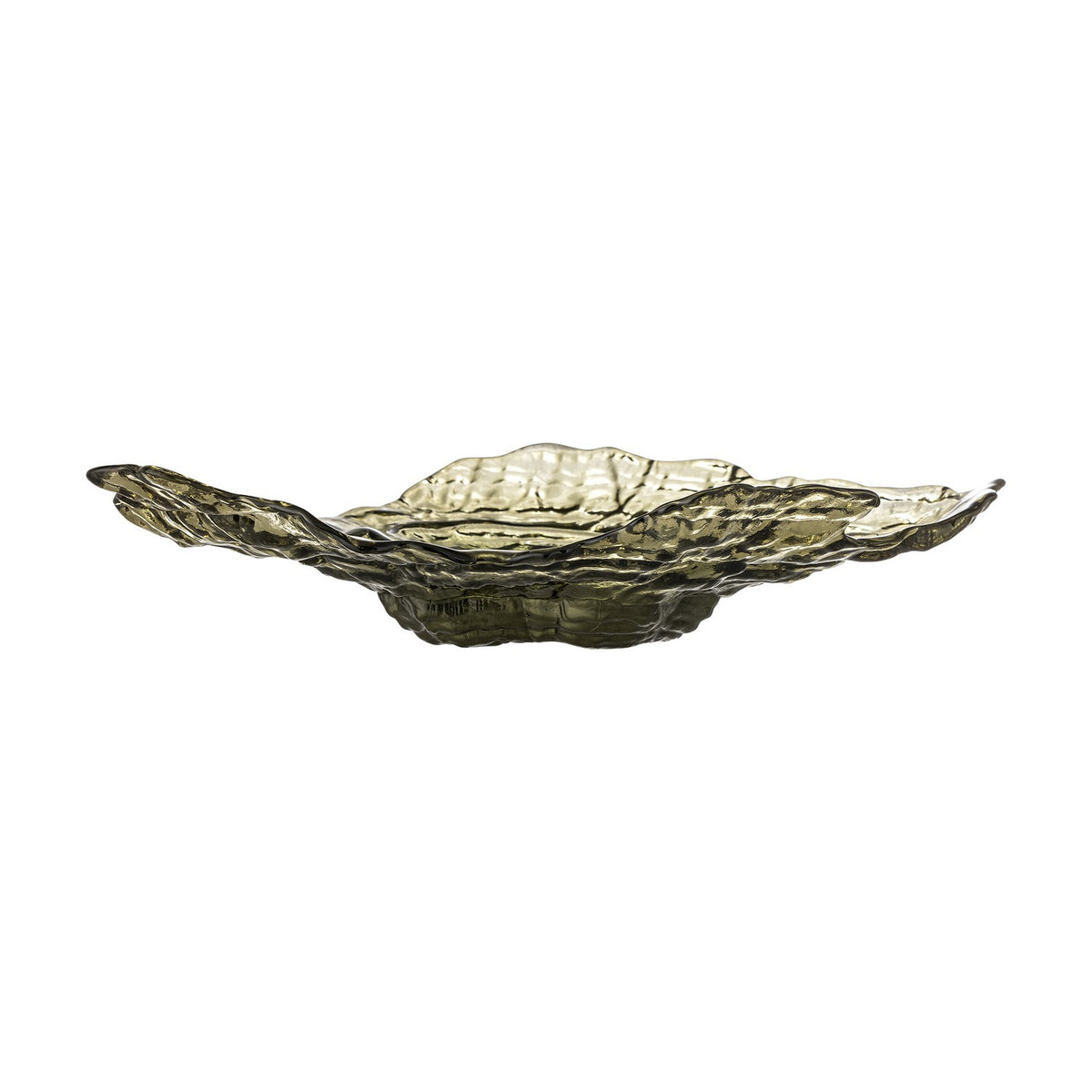 Aiku Glass Bowl 38x29cm in green, a wide, shallow dish with irregular, rippled rings and a textured surface, shown side-on against a white background.