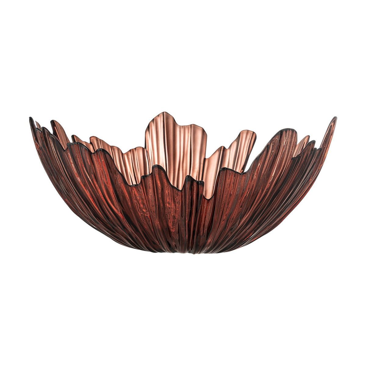 Aila Glass Bowl 31cm in copper, a wide decorative bowl with ridged glass and an irregular wavy rim, bright copper inside and deeper copper tone outside, shown on a plain white background.