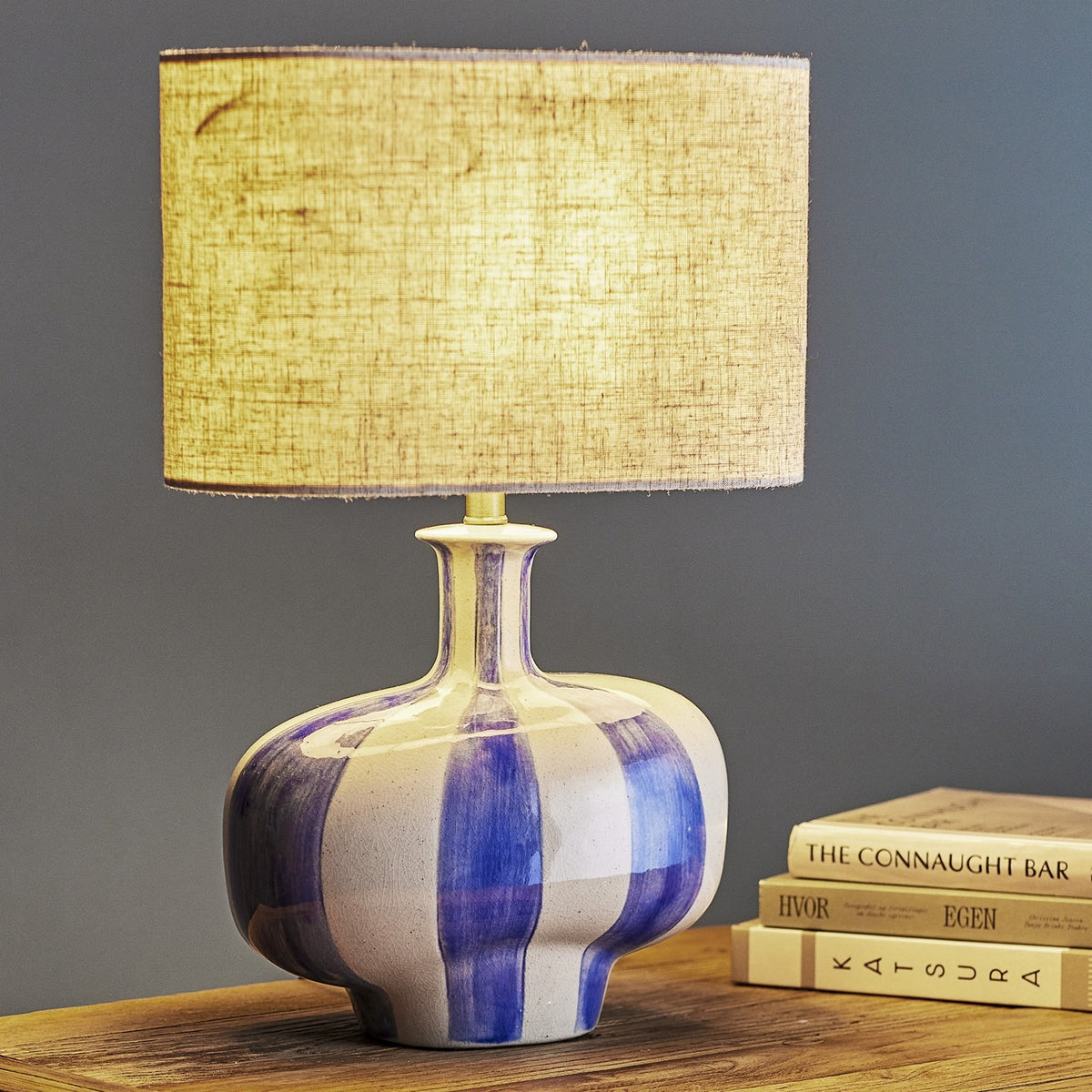 Alida Striped Stoneware Table Lamp with Linen Shade - Multi