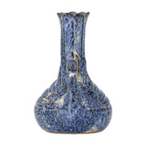 Kali Speckled Stoneware Vase 16cm in blue, bird-shaped with rounded base, tall carved neck, scalloped rim, and eye-shaped relief detailing, shown on a white background.
