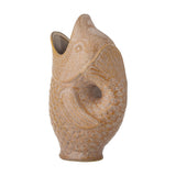 Harvey Fish Stoneware Vase in speckled brown, shaped as an upright fish with open mouth neck, raised scales, and curled tail forming a loop, on a plain white background.